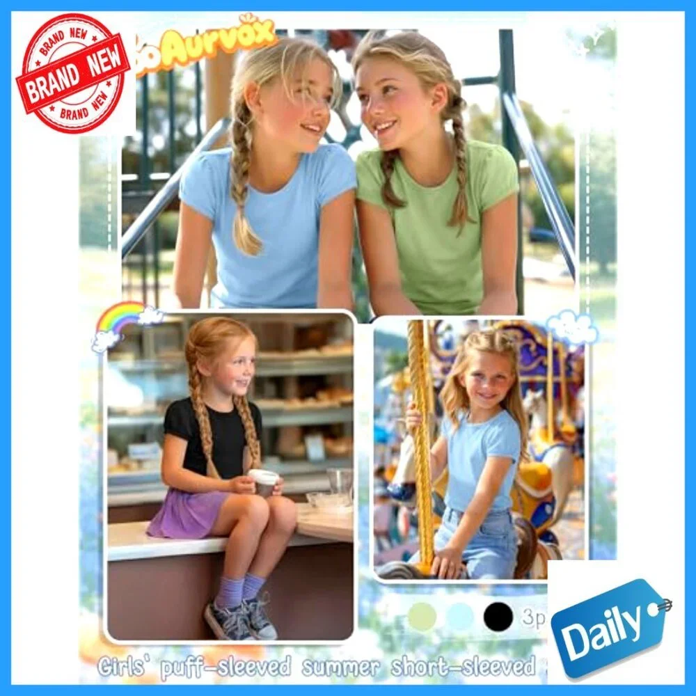 Girls' 3-Pack Puff Sleeve Tees Crew Neck Fitted Tops 5-14 Years